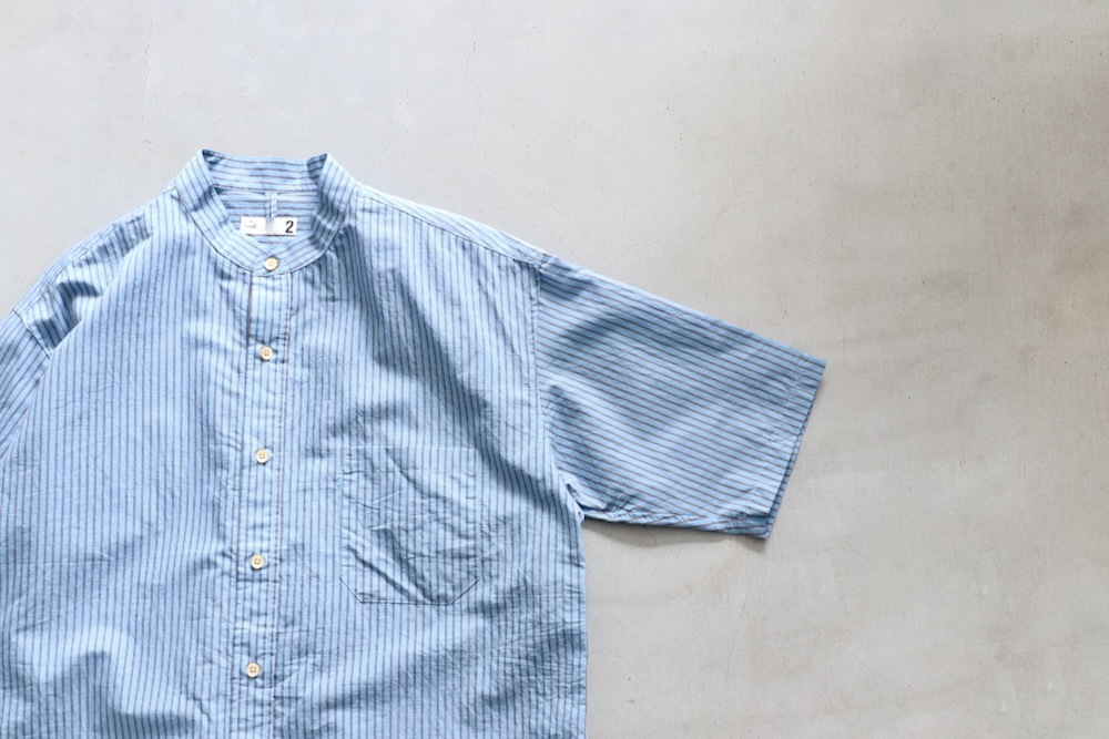 ts(s) (�ƥ�����������) "Stripe Cotton*Nylon Cloth Baggy Fit Band Collar Short Sleeve Shirt"