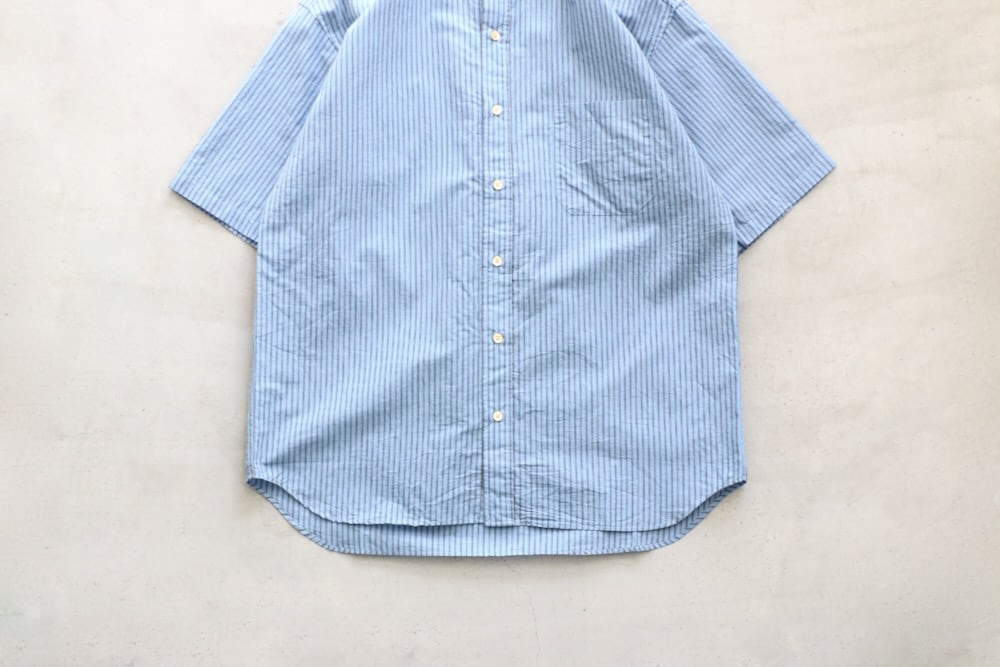 ts(s) (�ƥ�����������) "Stripe Cotton*Nylon Cloth Baggy Fit Band Collar Short Sleeve Shirt"