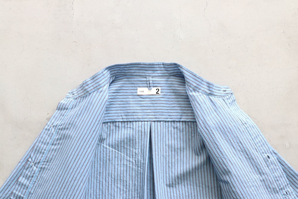 ts(s) (�ƥ�����������) "Stripe Cotton*Nylon Cloth Baggy Fit Band Collar Short Sleeve Shirt"