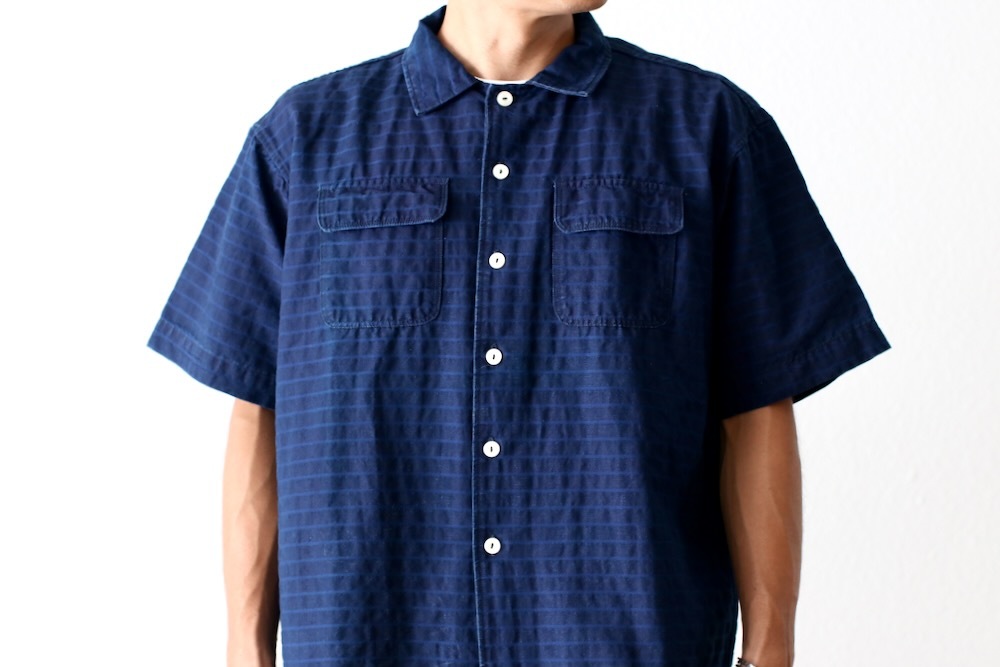 itten.(���åƥ�) "itten 6180 open collar S/S shirts -indigo border-"