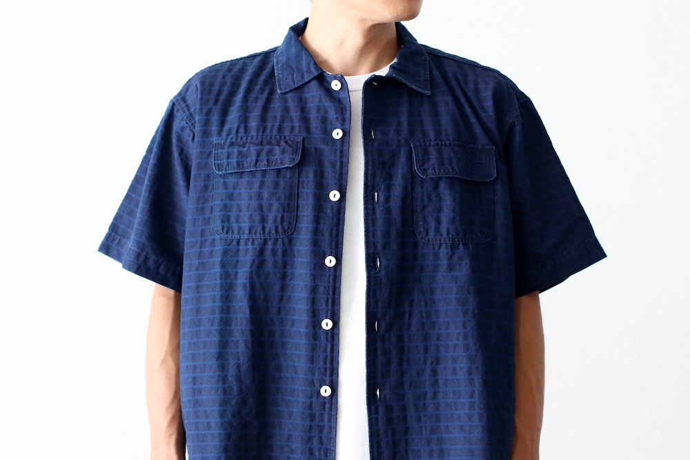 itten.(���åƥ�) "itten 6180 open collar S/S shirts -indigo border-"