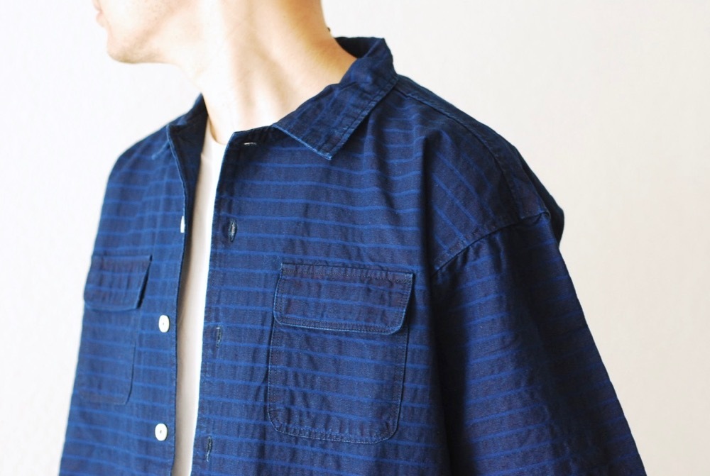 itten.(���åƥ�) "itten 6180 open collar S/S shirts -indigo border-"