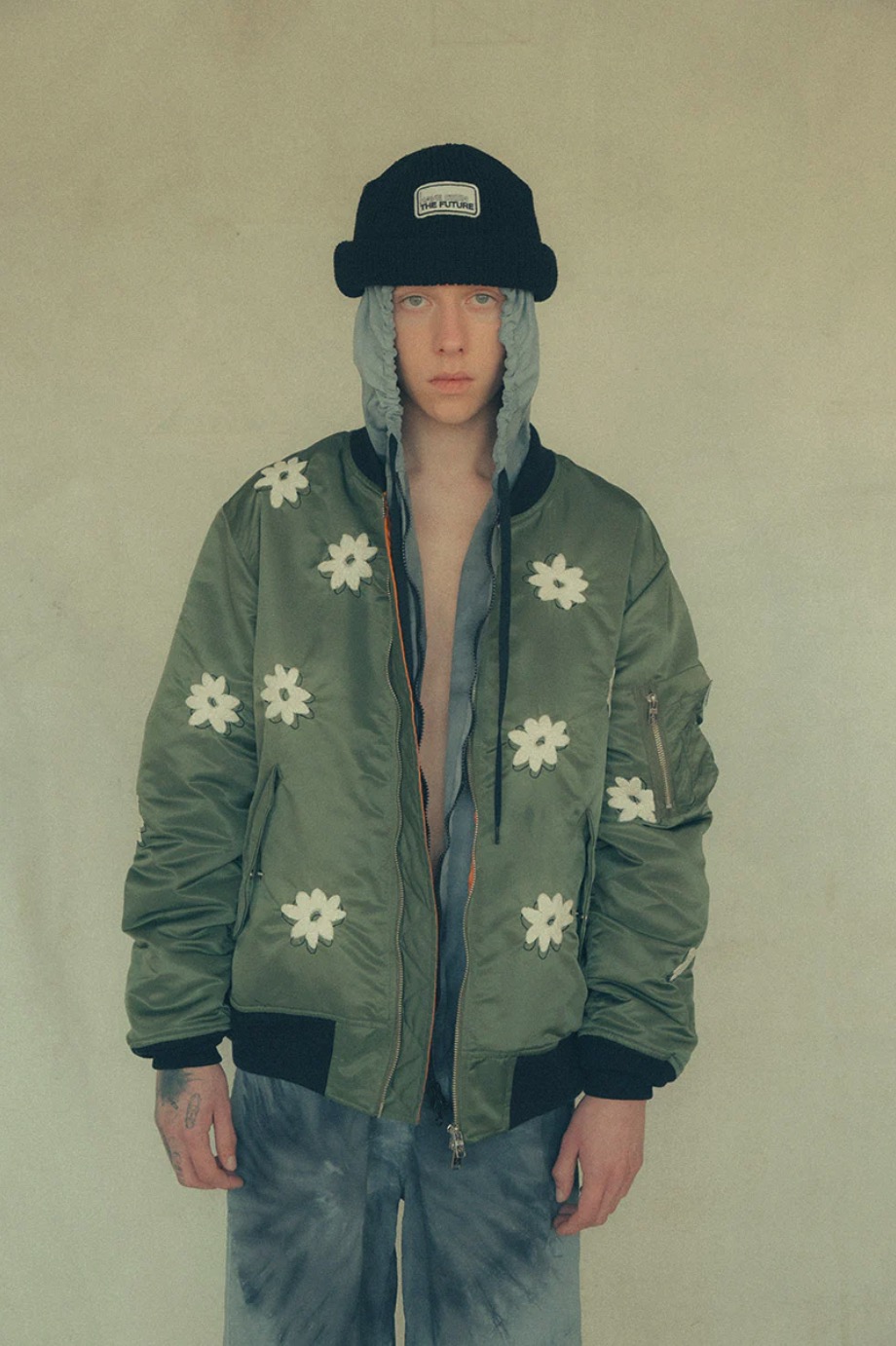 希少　MELANG 総柄　刺繍　フライト　ノーカラー　ジャケット モザイクモチーフエンブロイダリー ノーカラージャケット | maison