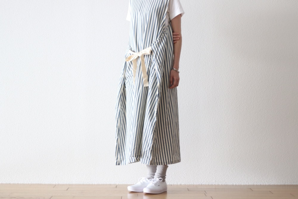 [10% > 15%OFF] ��WOMEN'S�� ts(s) (�ƥ�����������) "Foldable Apron Dress - Block Stripe Print Cotton Twill Cloth"