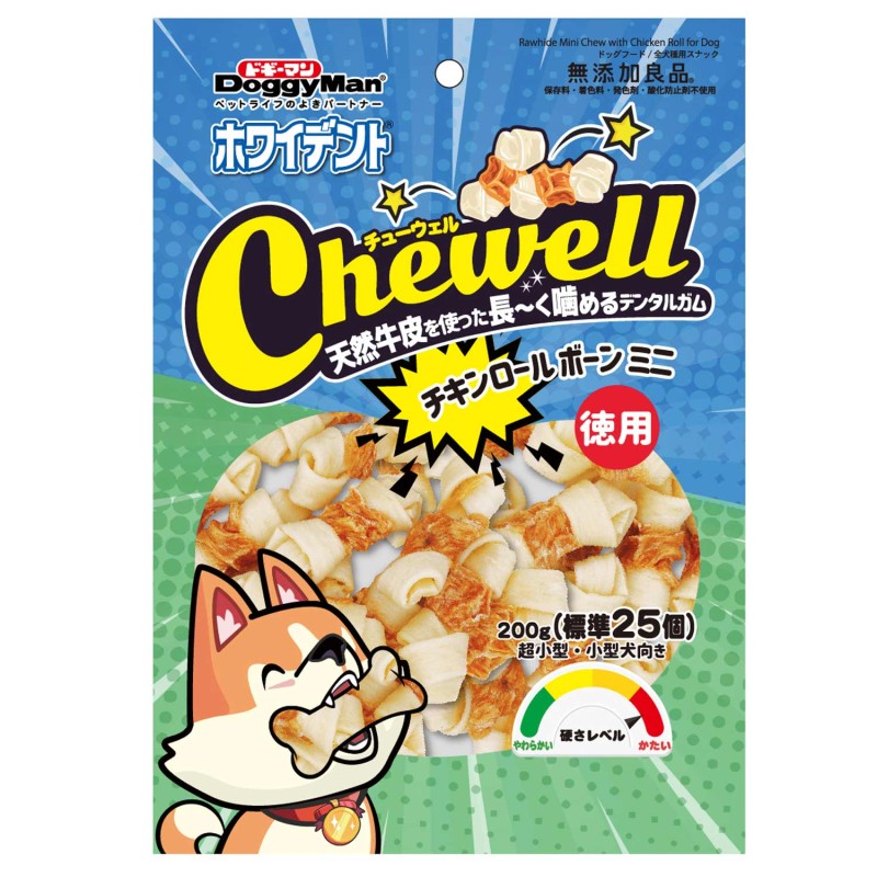 【フードロス削減】ホワイデント Chewell チキンロールボーンミニ 徳用 200g (標準25本)