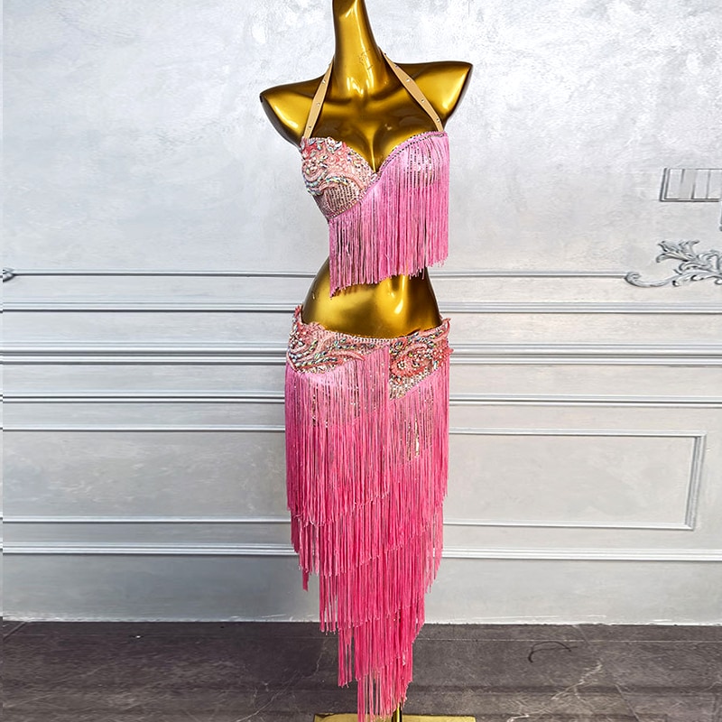 サルサ系ベリーダンス衣装、ブラとスカートセット、ピンク 2025年12月