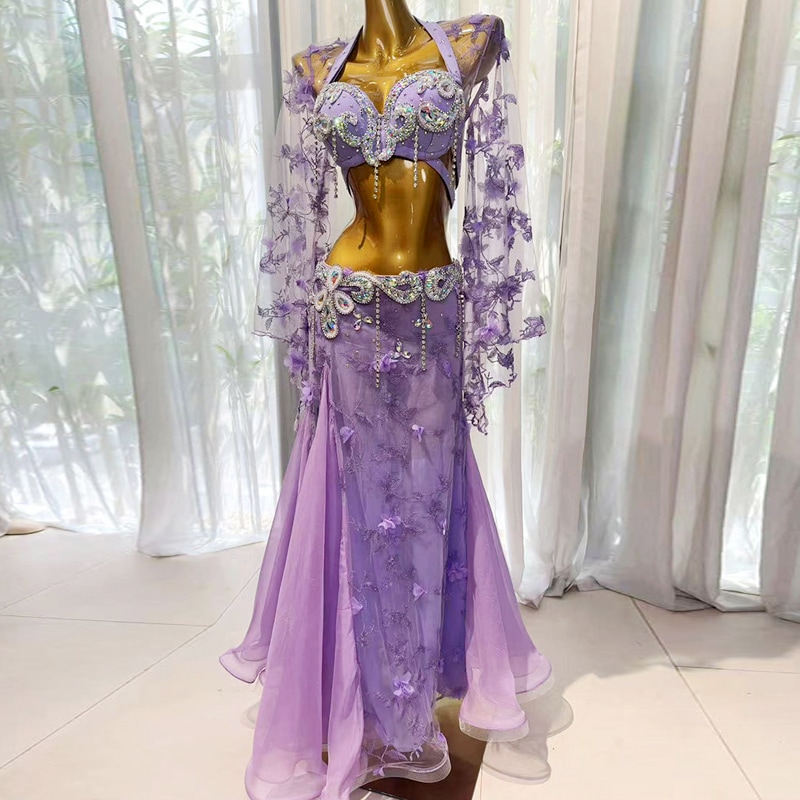 新品 ベリーダンス 衣装 ブラ スカート セット オリエンタル 紫ピンク 中古品】ベリーダンス衣装オリエンタルブラ&スカート紫