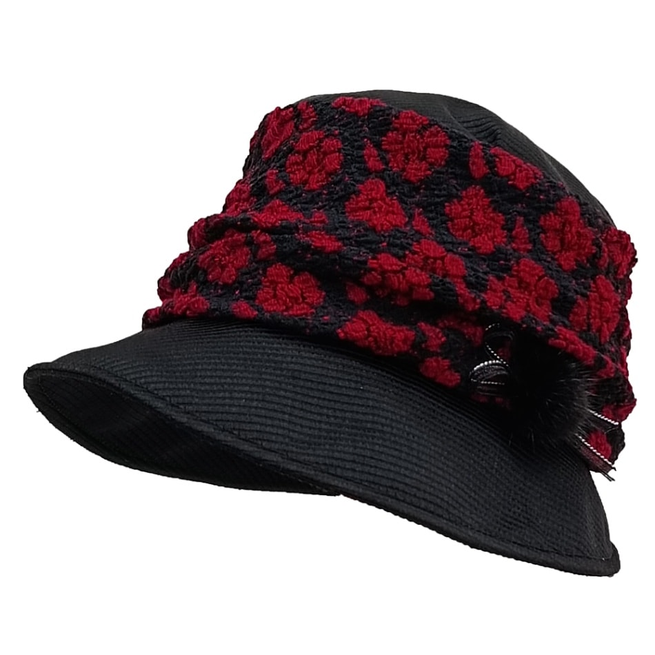 黒×赤 花柄レースのクロッシェ(ミンク玉付)