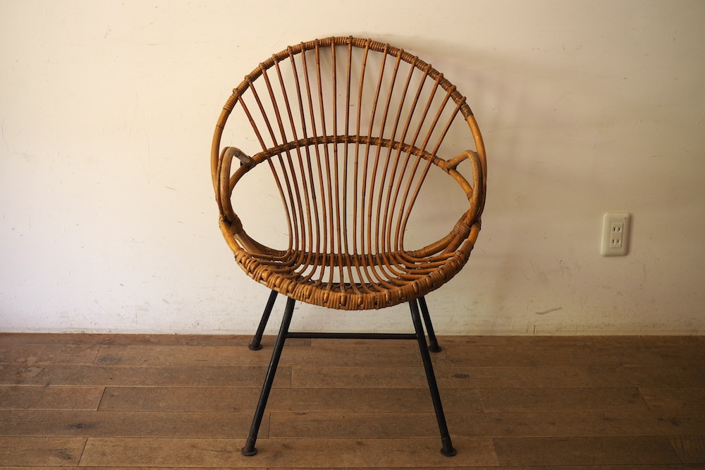 古家具◾️籐ラタン座面×鉄脚アイアンレッグ チェア 椅子 イス A