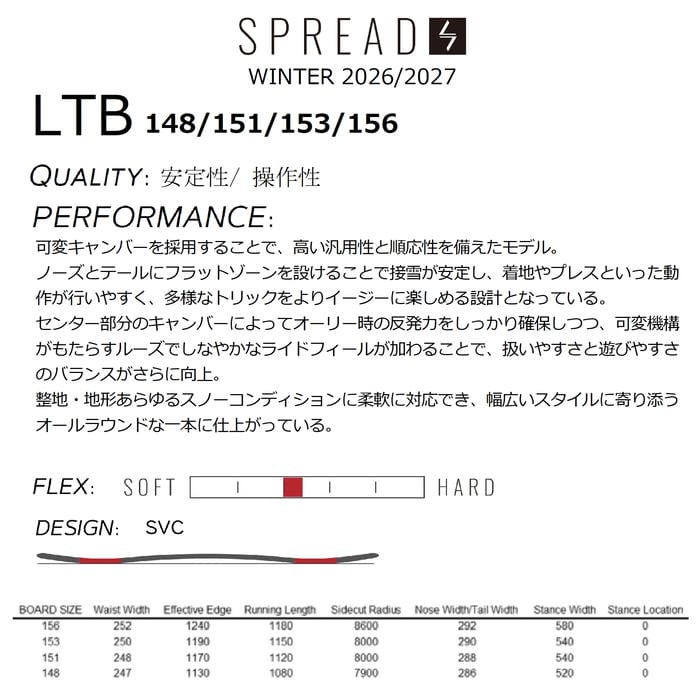 26-27 SPREAD LTB 148/151/153/156 SVCモデル 可変キャンバー フリー