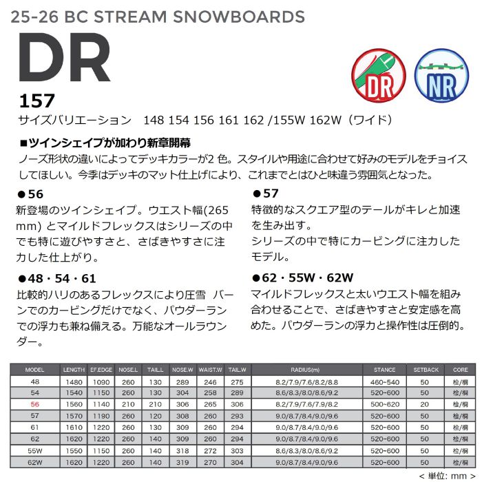 25-26 BC STREAM DR 157 ディレクショナル ノーズロッカー カービング