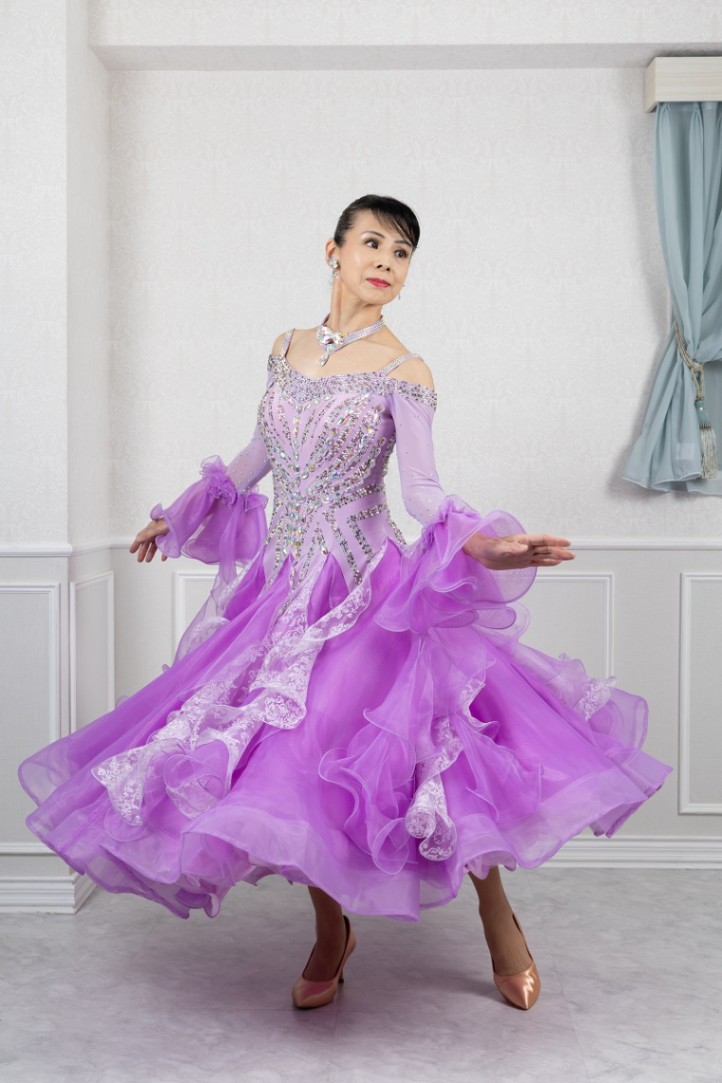 【社交ダンス衣装】パープル×豪華フリルレース ワンピース ドレス 花柄 社交ダンス衣装】パープル×豪華フリルレース ワンピース ドレス 花柄