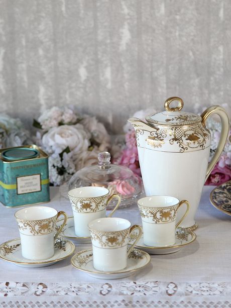 アンティーク オールドノリタケ ティータイムにおすすめ ティーポットとカップ&ソーサー4客 デミタスセット