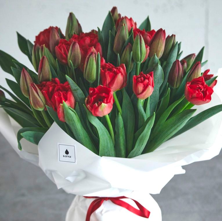 【季節の生花ブーケ】50本の赤いチューリップ〈100-120サイズ〉