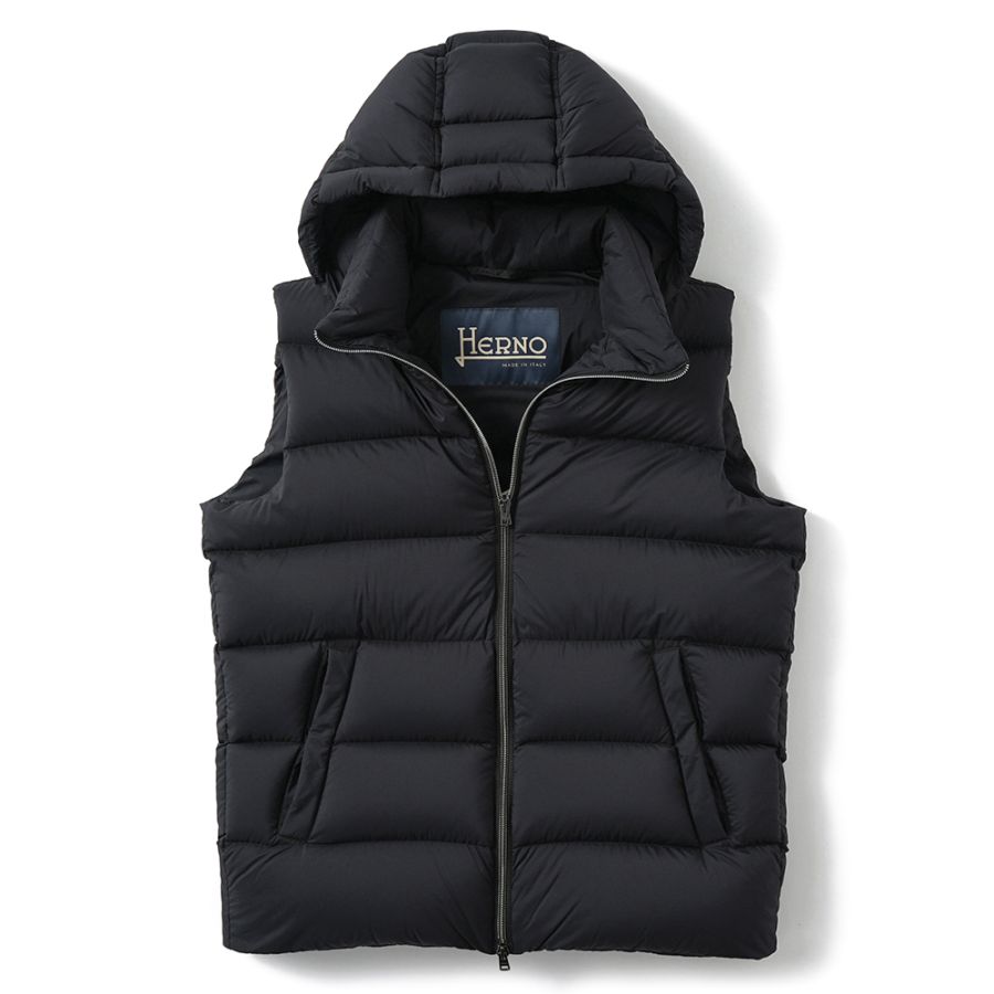 HERNO ヘルノ ECOAGE 撥水ナイロン フーデッドダウンベスト PI001186U-12456Z BLACK