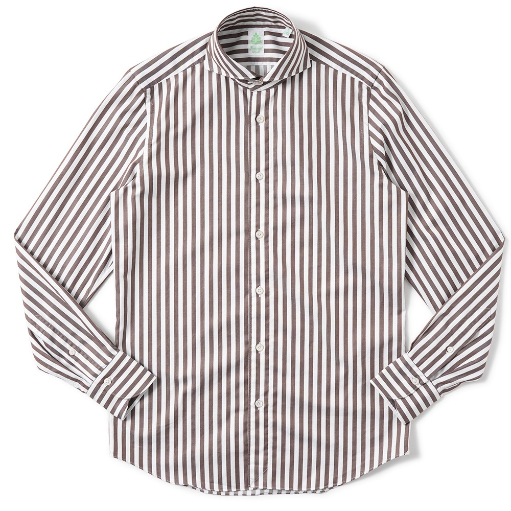 Finamore フィナモレ SERGIO BARI/460110 C0510E コットン ブロックストライプ カッタウェイカラーシャツ WHITE×BROWN