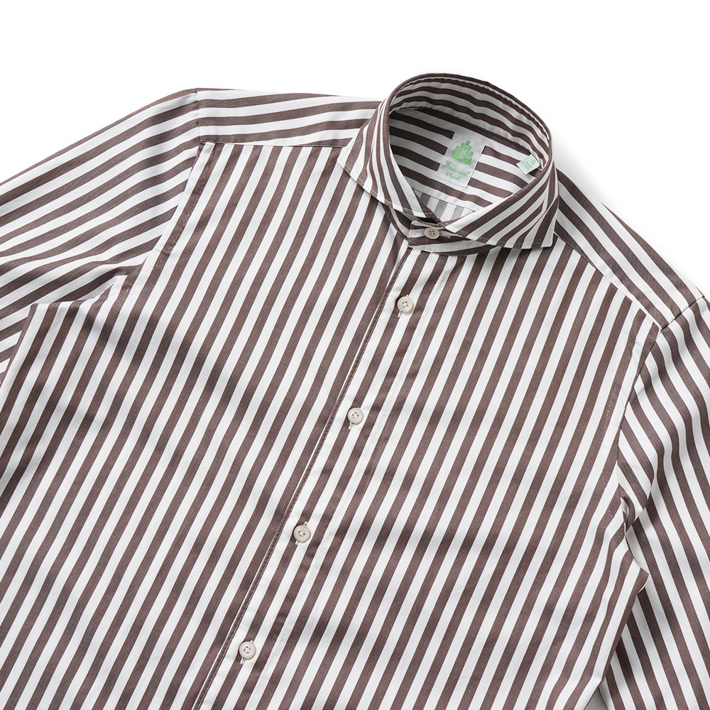 Finamore フィナモレ SERGIO BARI/460110 C0510E コットン ブロックストライプ カッタウェイカラーシャツ WHITE×BROWN