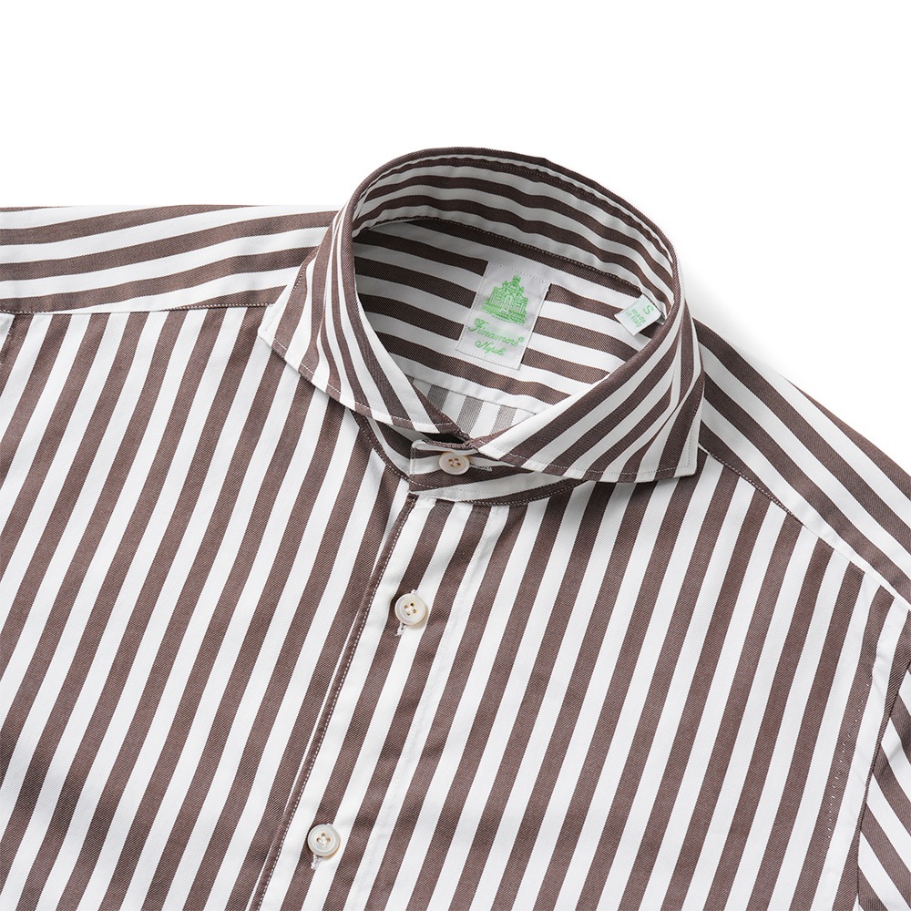 Finamore フィナモレ SERGIO BARI/460110 C0510E コットン ブロックストライプ カッタウェイカラーシャツ WHITE×BROWN