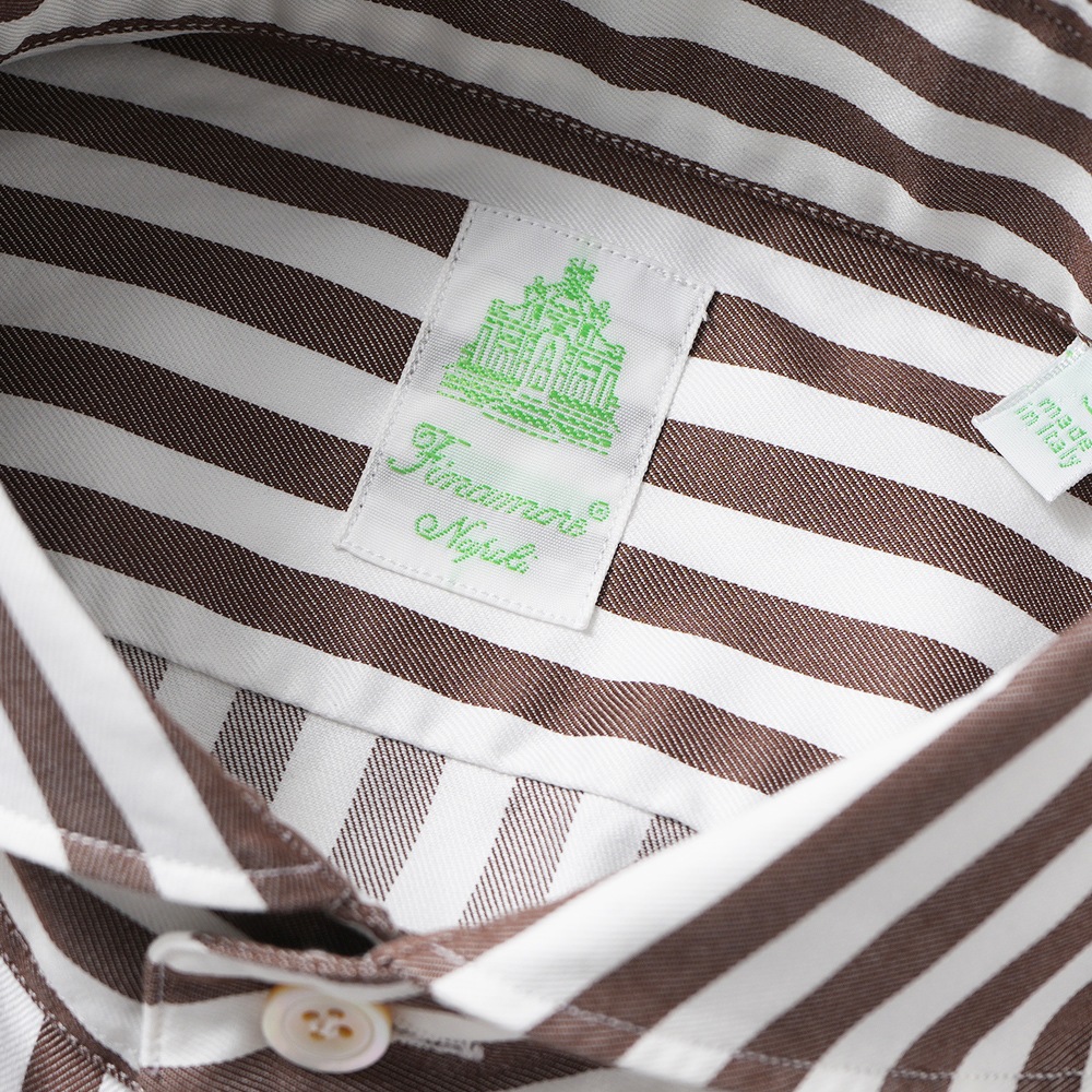 Finamore フィナモレ SERGIO BARI/460110 C0510E コットン ブロックストライプ カッタウェイカラーシャツ WHITE×BROWN