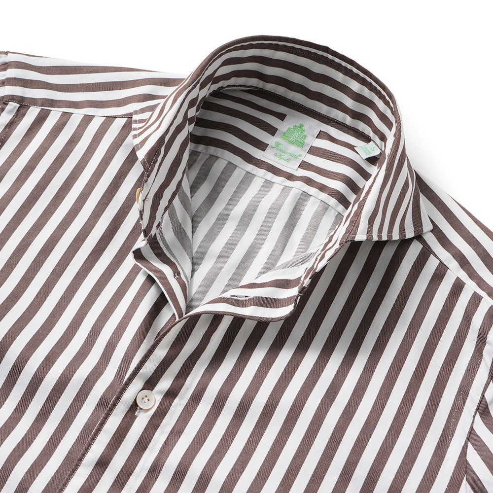 Finamore フィナモレ SERGIO BARI/460110 C0510E コットン ブロックストライプ カッタウェイカラーシャツ WHITE×BROWN