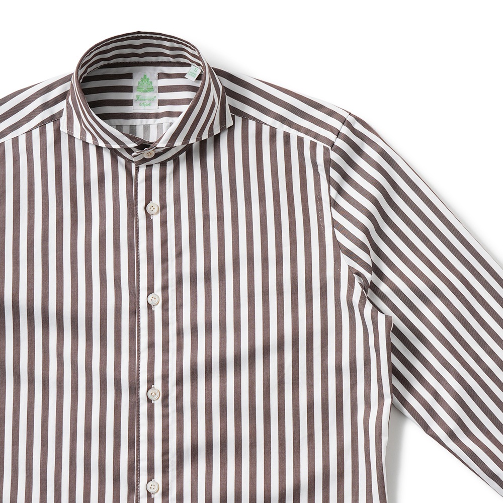 Finamore フィナモレ SERGIO BARI/460110 C0510E コットン ブロックストライプ カッタウェイカラーシャツ WHITE×BROWN