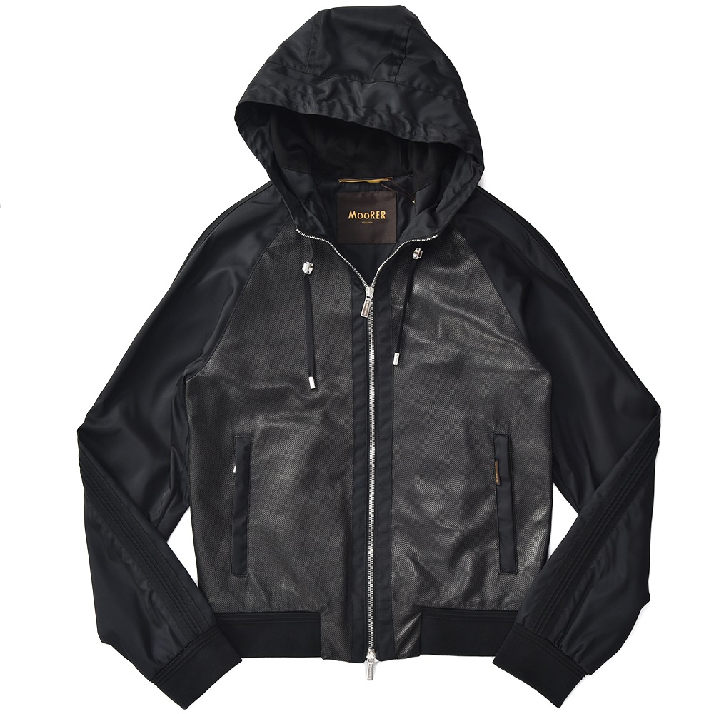 MOORER ムーレー COSIMO-REP ナッパ パンチングレザー・ナイロン フーデッド ブルゾン BLACK