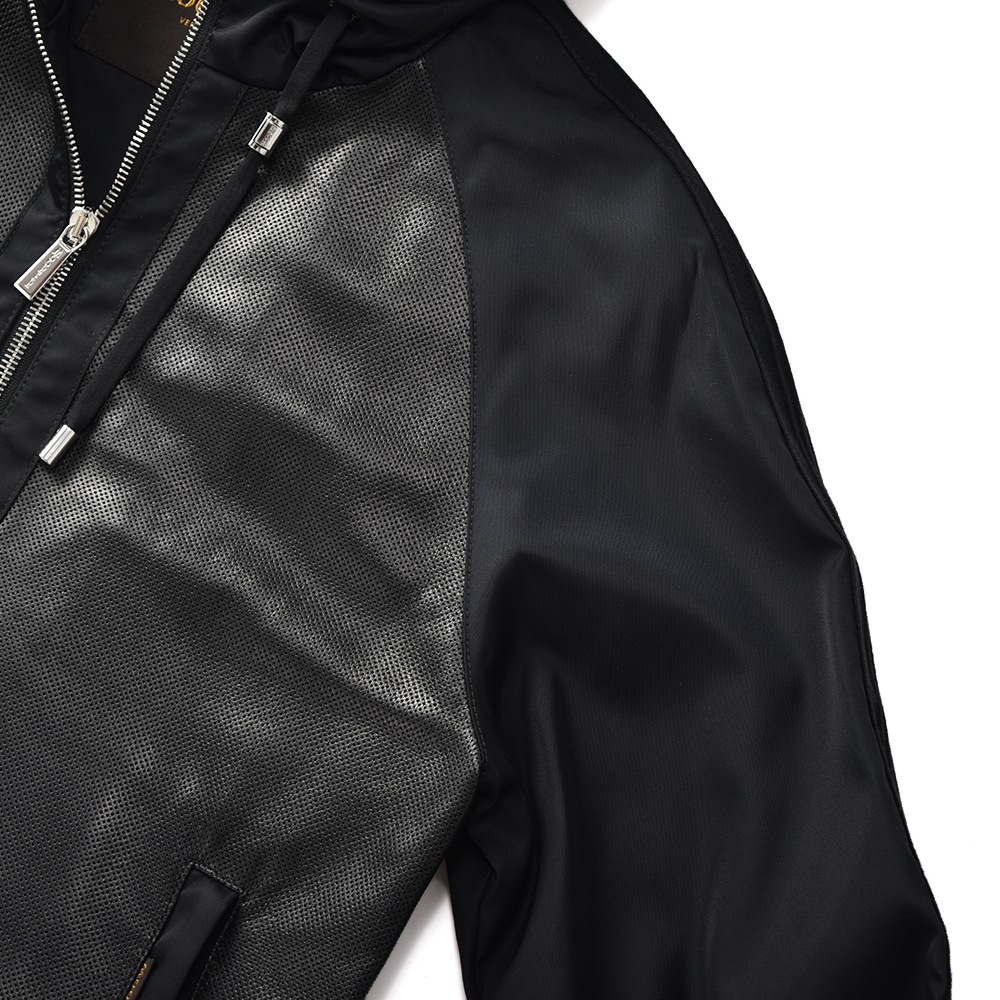 MOORER ムーレー COSIMO-REP ナッパ パンチングレザー・ナイロン フーデッド ブルゾン BLACK
