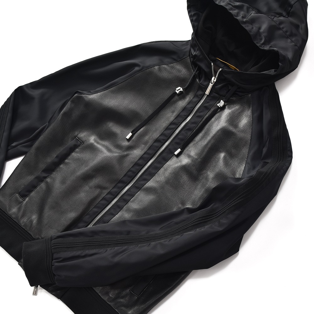 MOORER ムーレー COSIMO-REP ナッパ パンチングレザー・ナイロン フーデッド ブルゾン BLACK