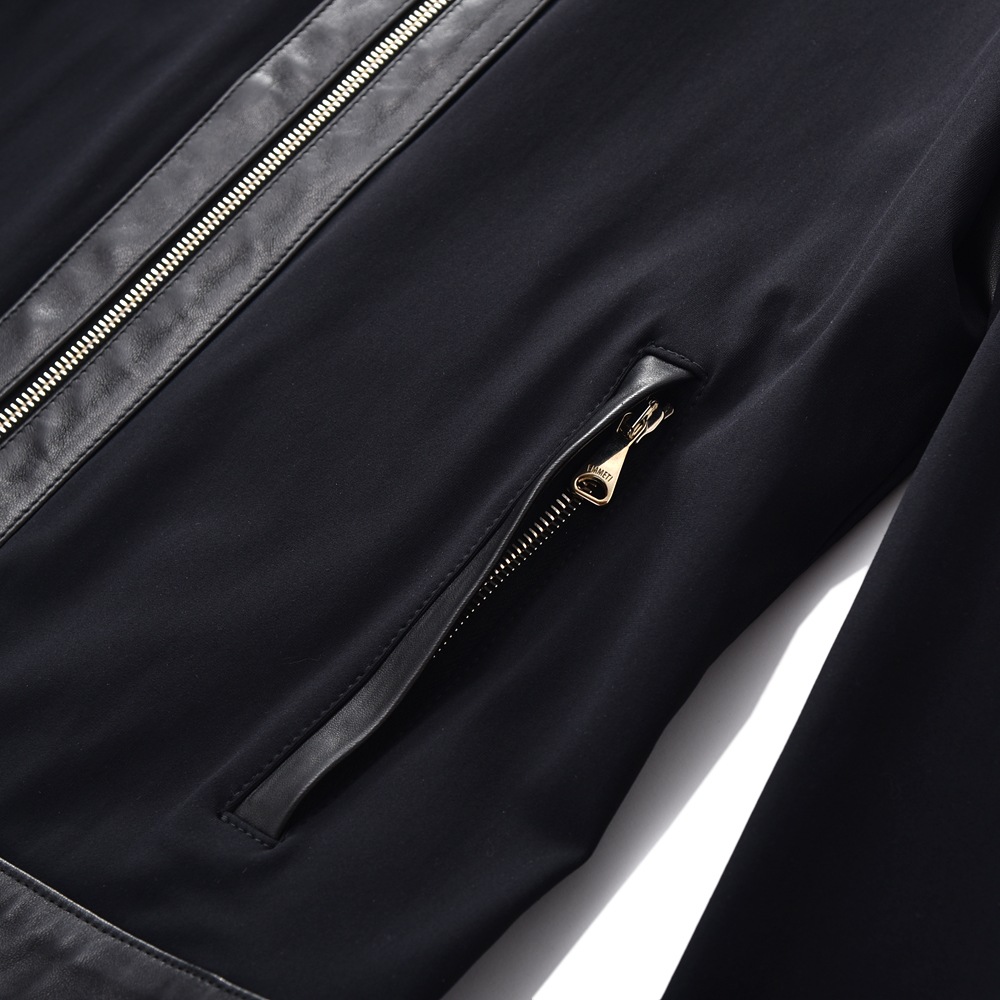 EMMETI エンメティ JURI X GOLD NAPPA CERATA×JERSEY ユリエックスゴールド ラムナッパレザー×ジャージ シングルライダースジャケット BLACK
