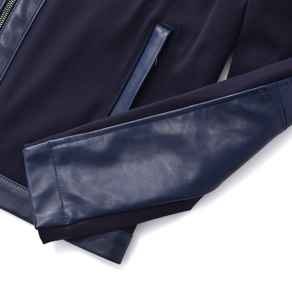 EMMETI エンメティ JURI X NAPPA CERATA×JERSEY ユリエックス ラムナッパレザー×ジャージ シングルライダースジャケット NAVY