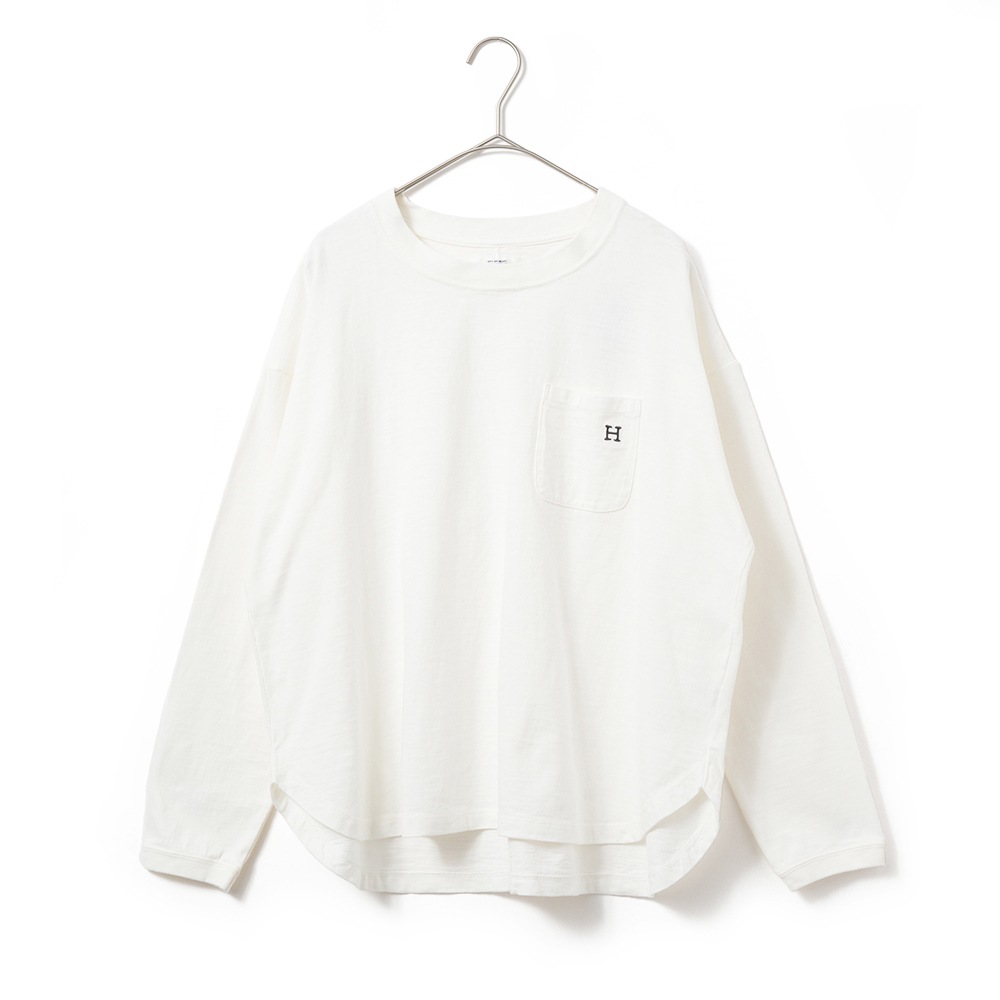 HOLLYWOOD RANCH MARKET ハリウッドランチマーケット WWスラブテンジク Hエンブロイダリーポケット ラウンドヘム ロングスリーブTシャツ 1017867 WHITE