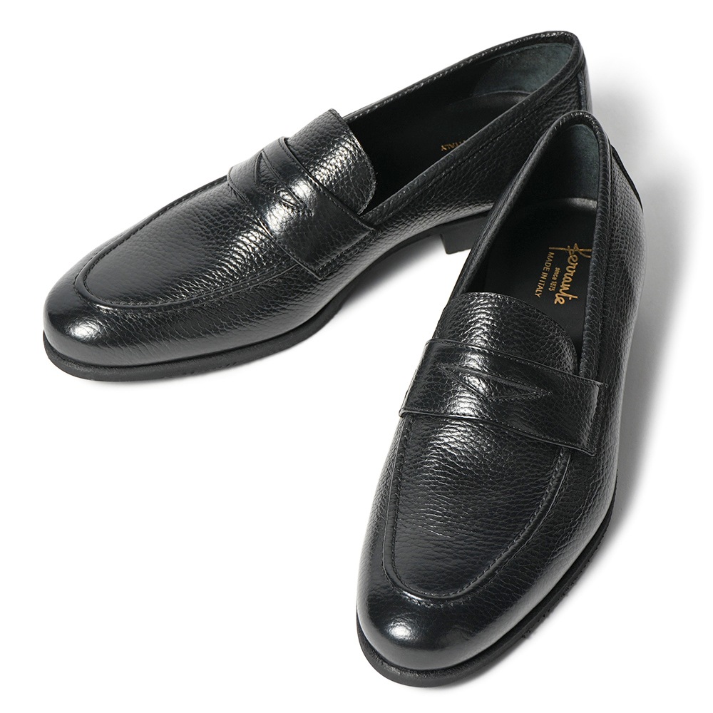 FERRANTE フェランテ ISEO RASTY GUM LIGHT シュリンクレザー コインローファーシューズ BLACK