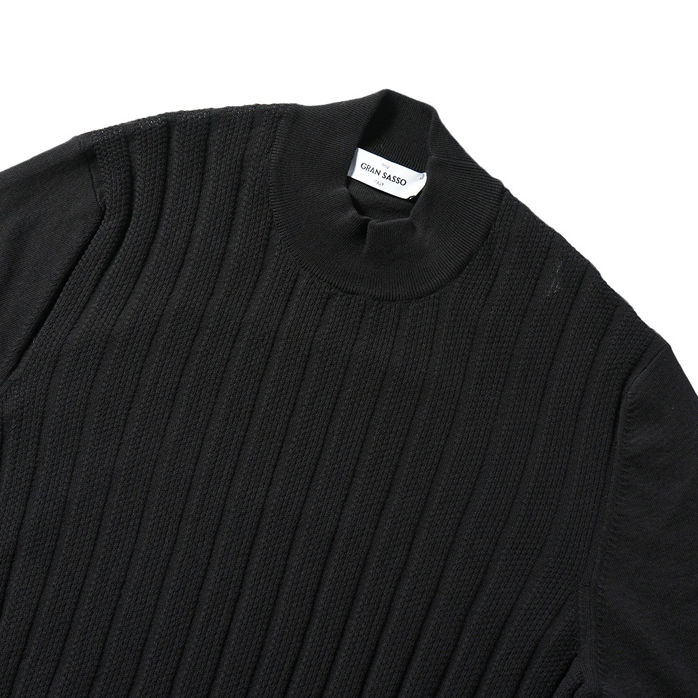 GRANSASSO グランサッソ フレッシュコットン メッシュストライプ ニット モックネック ショートスリーブ 57100-20636 BLACK