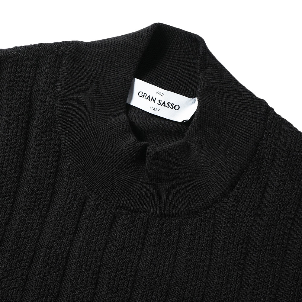 GRANSASSO グランサッソ フレッシュコットン メッシュストライプ ニット モックネック ショートスリーブ 57100-20636 BLACK