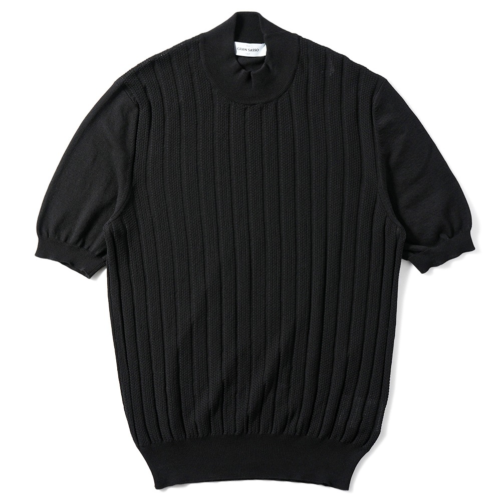 GRANSASSO グランサッソ フレッシュコットン メッシュストライプ ニット モックネック ショートスリーブ 57100-20636 BLACK