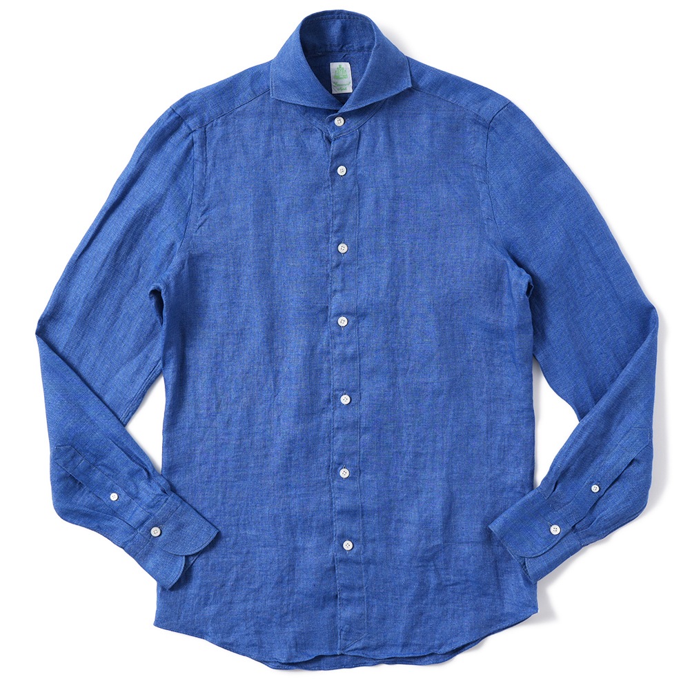 Finamore フィナモレ SERGIO BARI/240068 M0716 リネン バスケット織 カッタウェイカラーシャツ BLUE