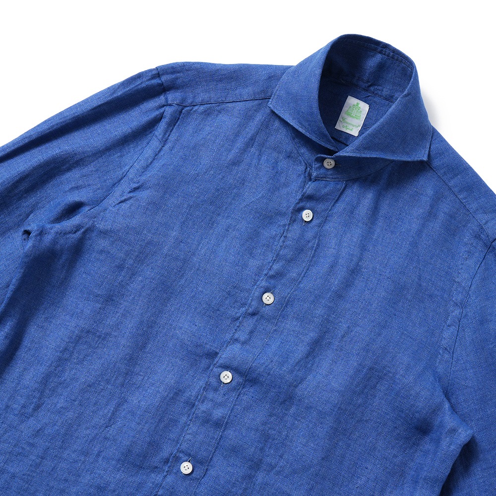 Finamore フィナモレ SERGIO BARI/240068 M0716 リネン バスケット織 カッタウェイカラーシャツ BLUE