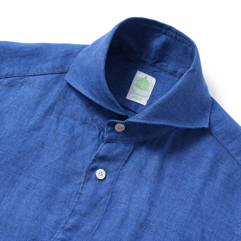 Finamore フィナモレ SERGIO BARI/240068 M0716 リネン バスケット織 カッタウェイカラーシャツ BLUE