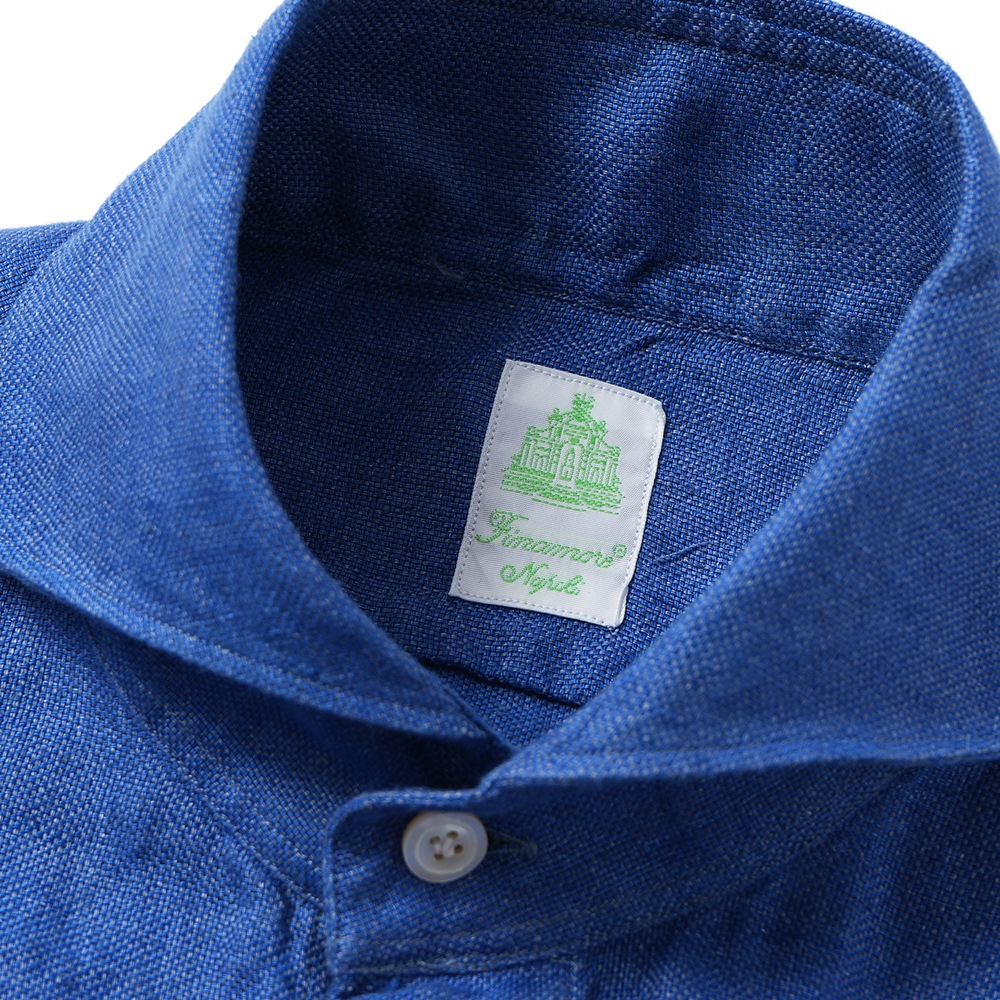 Finamore フィナモレ SERGIO BARI/240068 M0716 リネン バスケット織 カッタウェイカラーシャツ BLUE