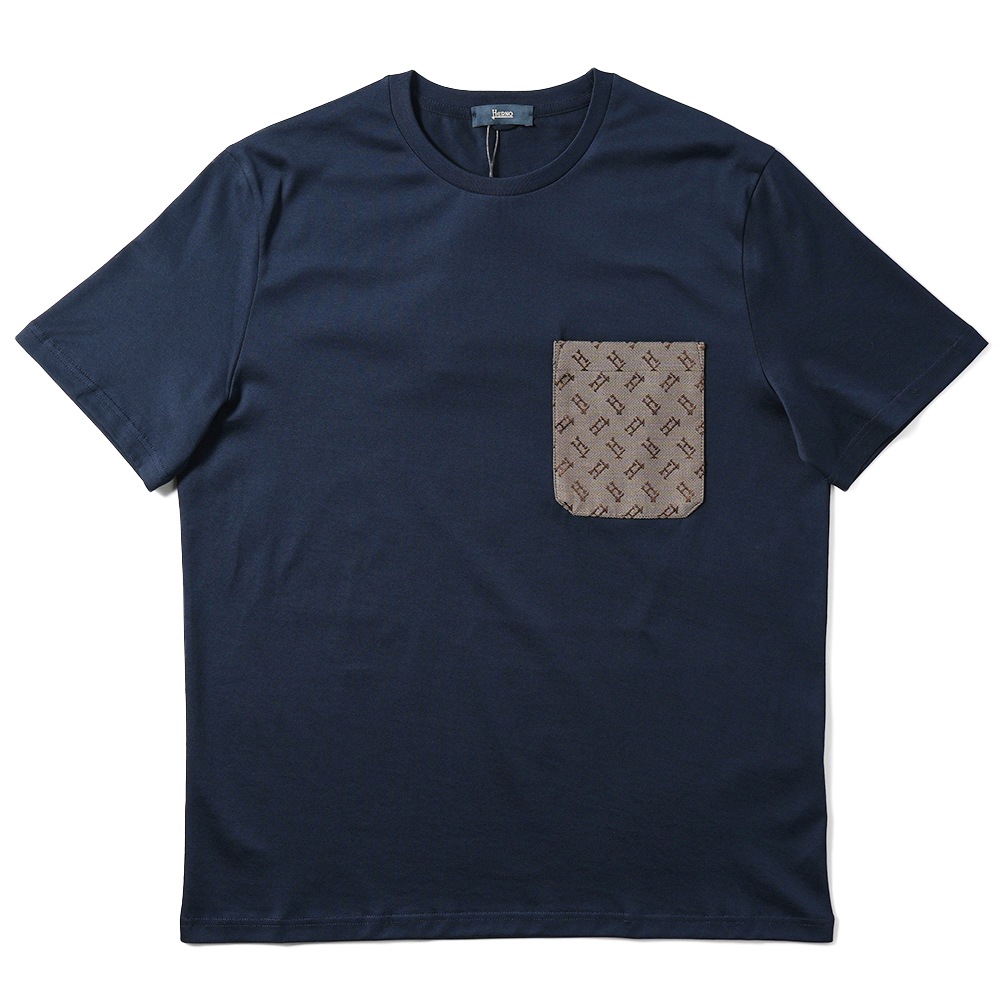 HERNO ヘルノ スーパーファインコットンジャージ モノグラムポケット ショートスリーブ Tシャツ JG000219U-52016 NAVY