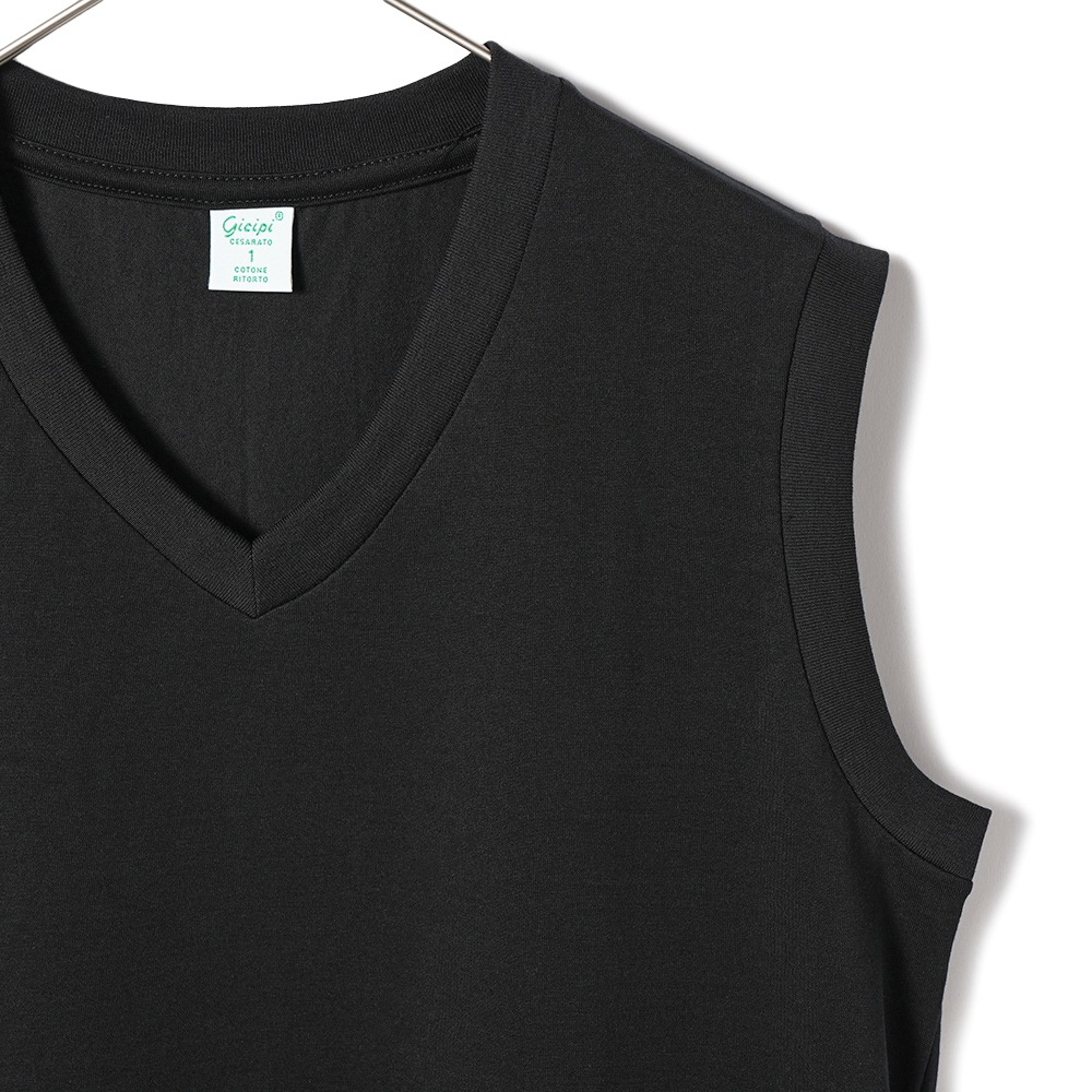 GICIPI ジチピ 2414P ACCIAIO JERSEY DOPPIO RITORTO アッチャーイオ ジャージ ドッピオ リトルト 双糸ジャージ VネックノースリーブTシャツ BLACK