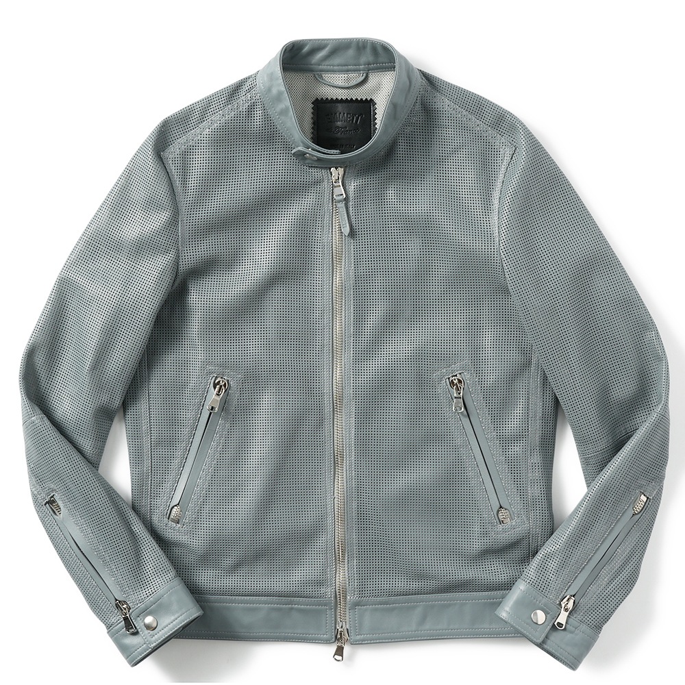 EMMETI エンメティ MASSIMO TRAFORATO マッシモ スクエアパンチング ナッパチェラータ レザー シングルライダースジャケット BLUE GRAY