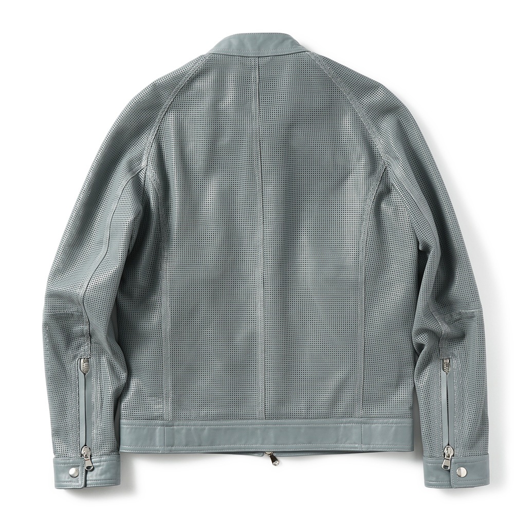 EMMETI エンメティ MASSIMO TRAFORATO マッシモ スクエアパンチング ナッパチェラータ レザー シングルライダースジャケット BLUE GRAY