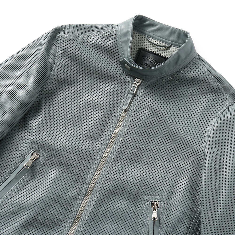 EMMETI エンメティ MASSIMO TRAFORATO マッシモ スクエアパンチング ナッパチェラータ レザー シングルライダースジャケット BLUE GRAY