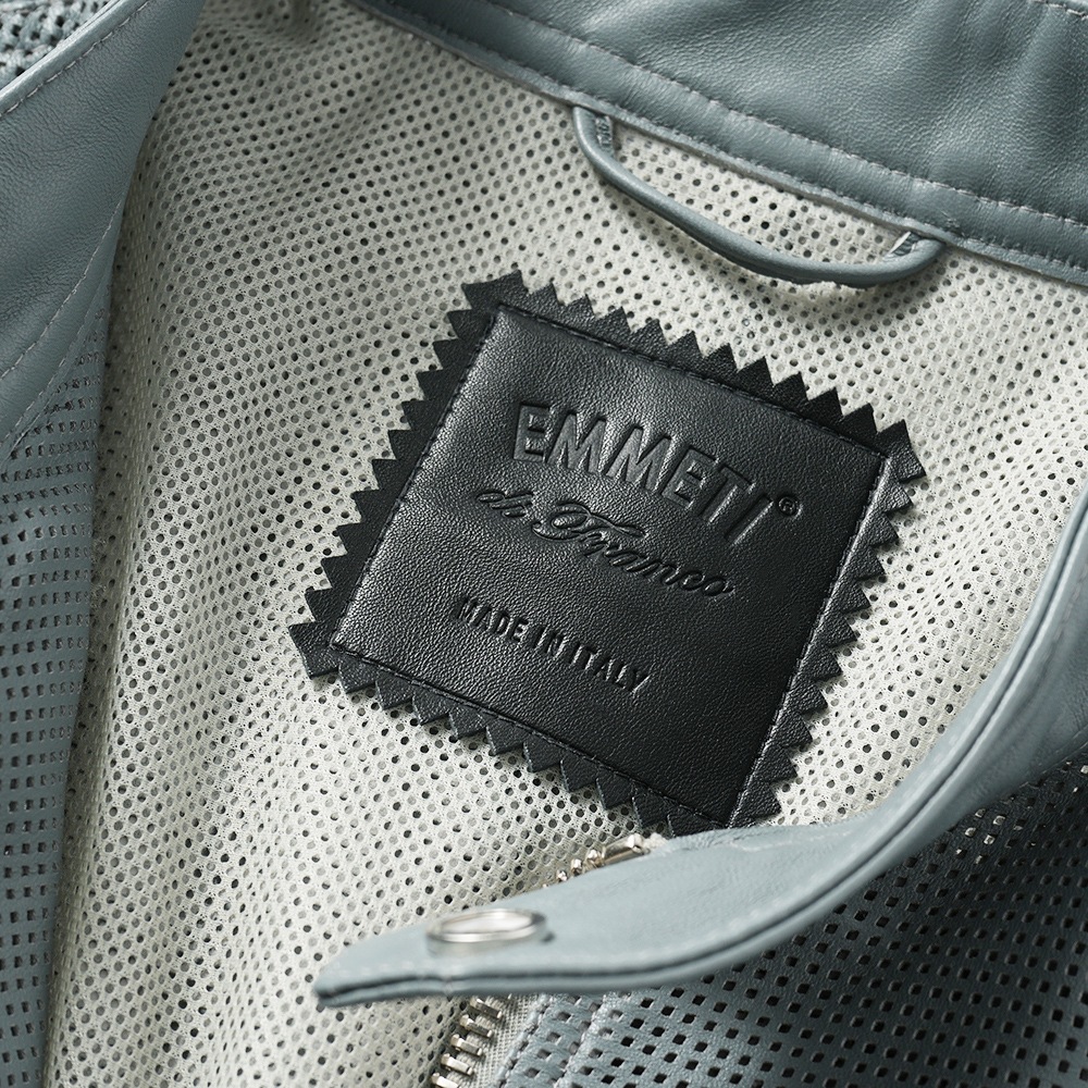 EMMETI エンメティ MASSIMO TRAFORATO マッシモ スクエアパンチング ナッパチェラータ レザー シングルライダースジャケット BLUE GRAY