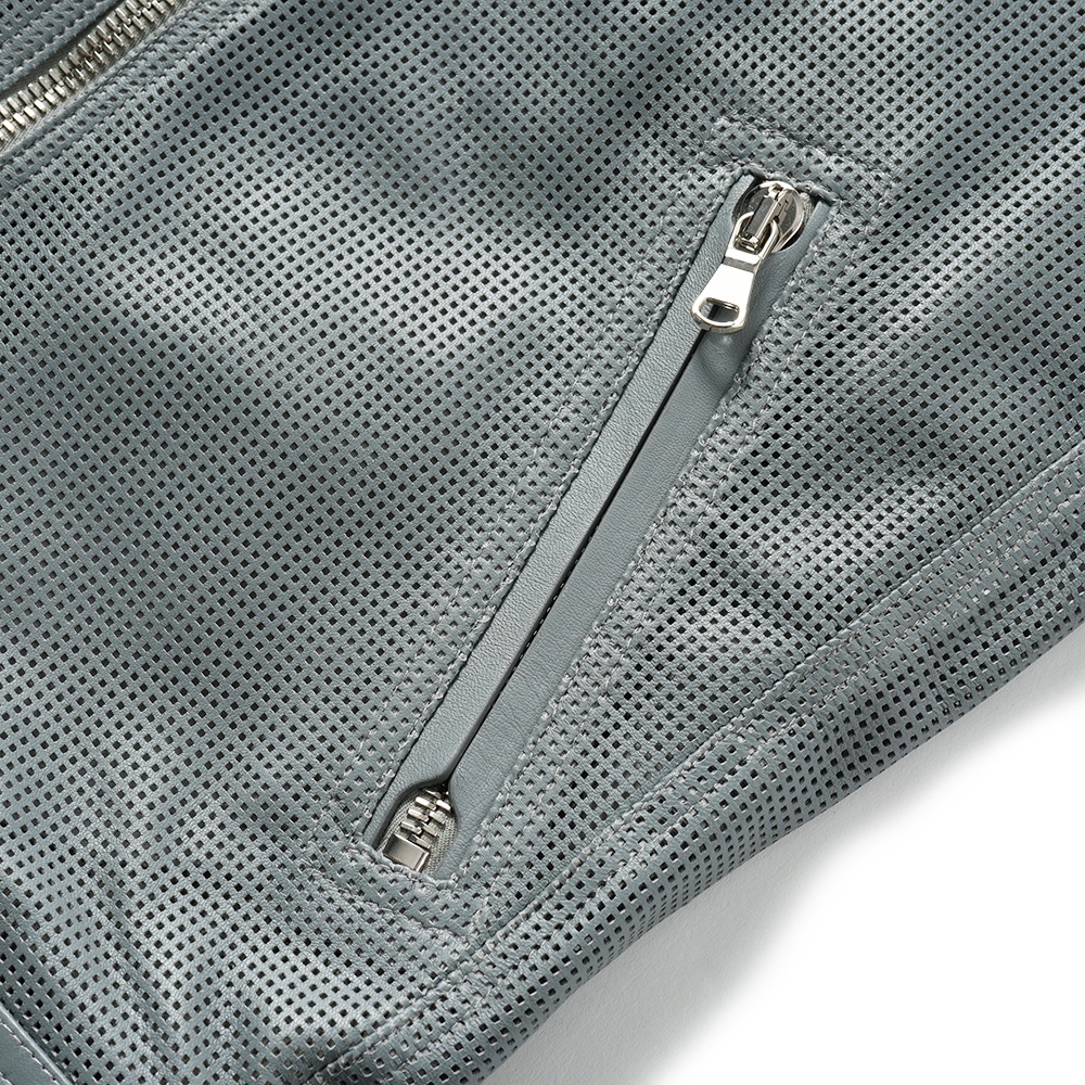 EMMETI エンメティ MASSIMO TRAFORATO マッシモ スクエアパンチング ナッパチェラータ レザー シングルライダースジャケット BLUE GRAY