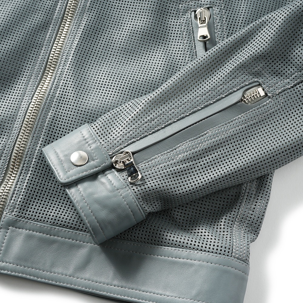 EMMETI エンメティ MASSIMO TRAFORATO マッシモ スクエアパンチング ナッパチェラータ レザー シングルライダースジャケット BLUE GRAY