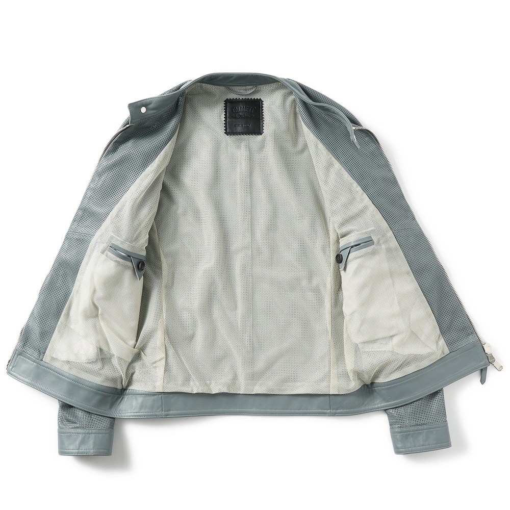EMMETI エンメティ MASSIMO TRAFORATO マッシモ スクエアパンチング ナッパチェラータ レザー シングルライダースジャケット BLUE GRAY