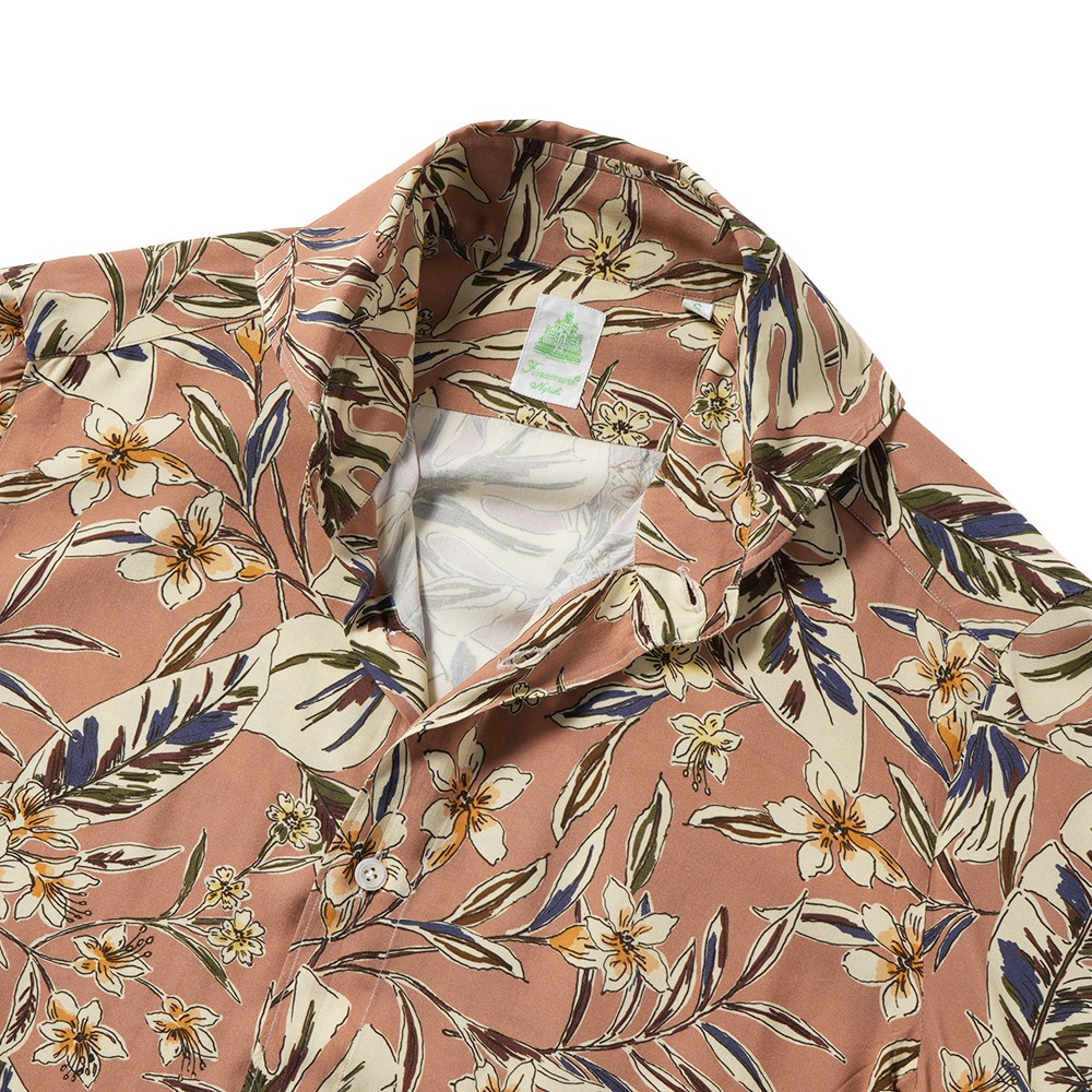 FINAMORE フィナモレ SERGIO BARI/260058 M0274 レーヨン ボタニカルプリント カッタウェイカラーシャツ BROWN BEIGE