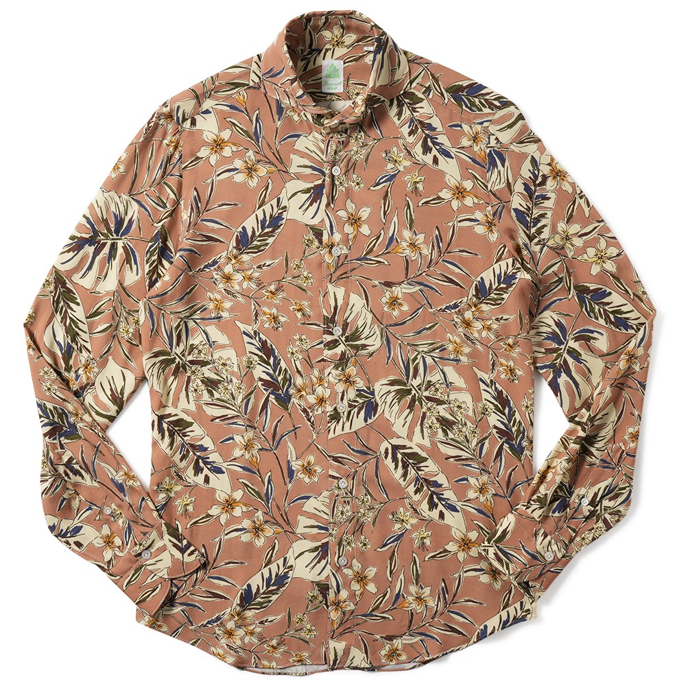 FINAMORE フィナモレ SERGIO BARI/260058 M0274 レーヨン ボタニカルプリント カッタウェイカラーシャツ BROWN BEIGE